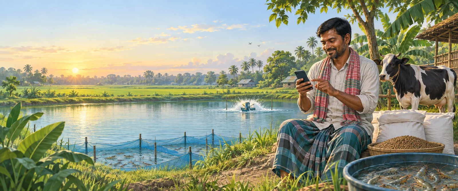 Illustration of a farmer using a phone beside a fish pond, cattle, and shrimp farming